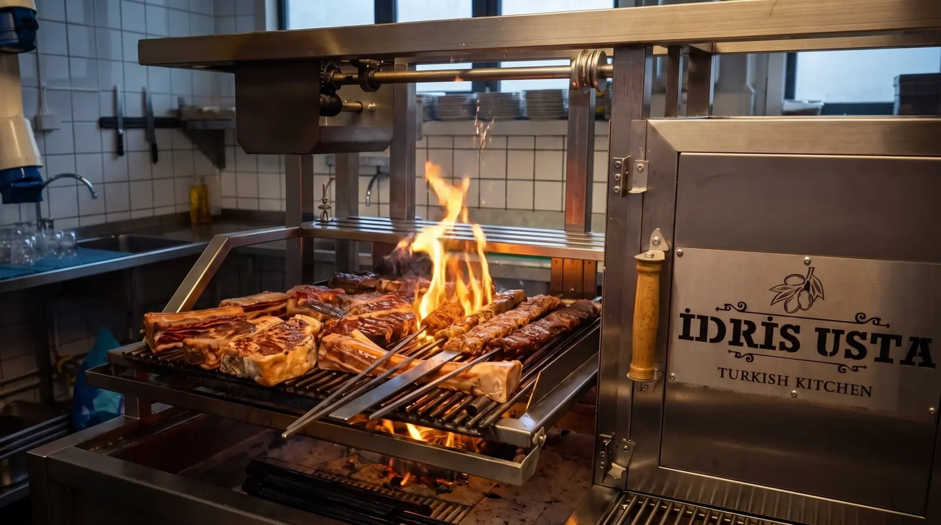 Flammer over kjøtt på grillen, med Idris Usta-navnet på stålet ved siden av.